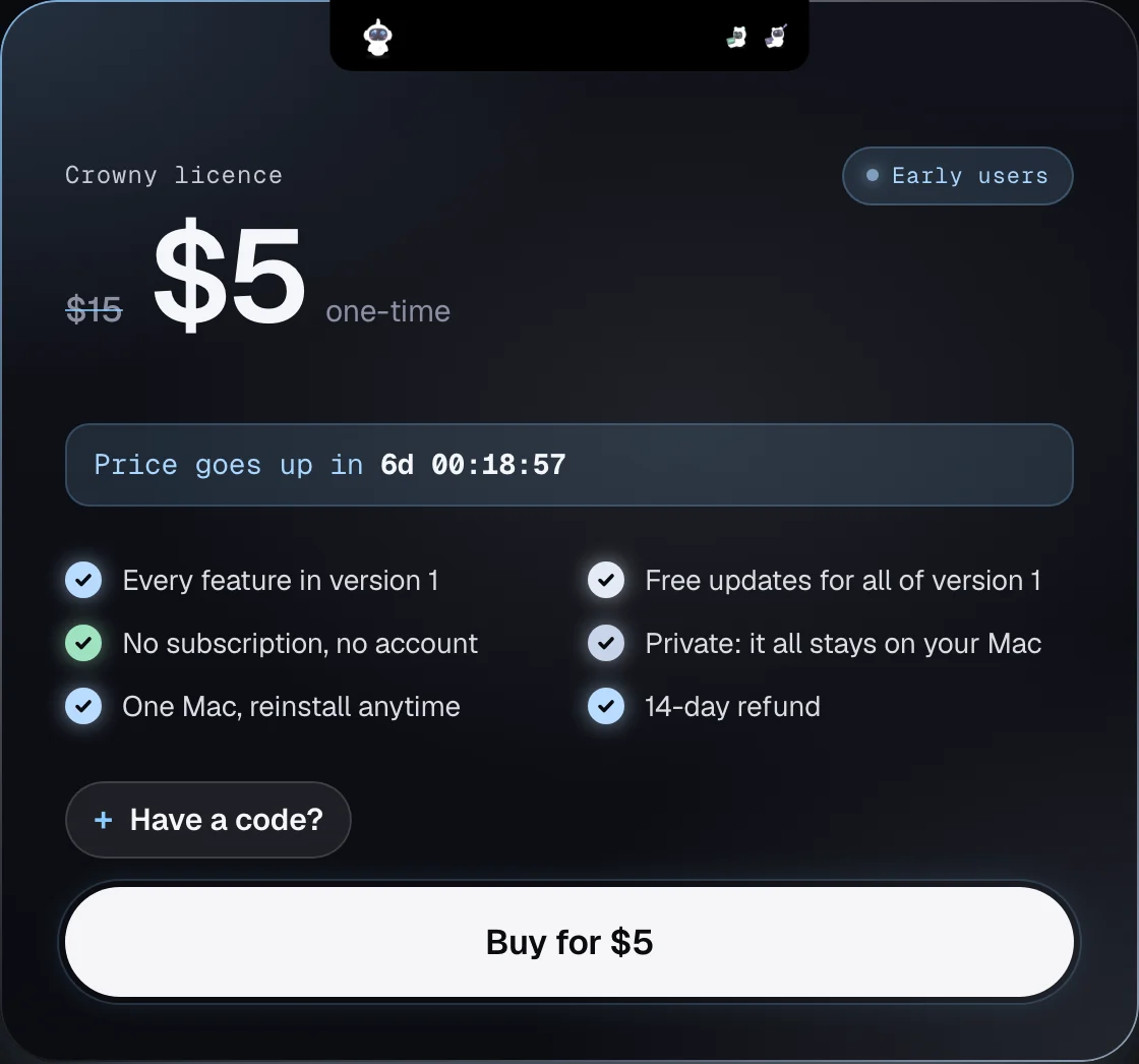 Crowny’s pricing card with the Buy button