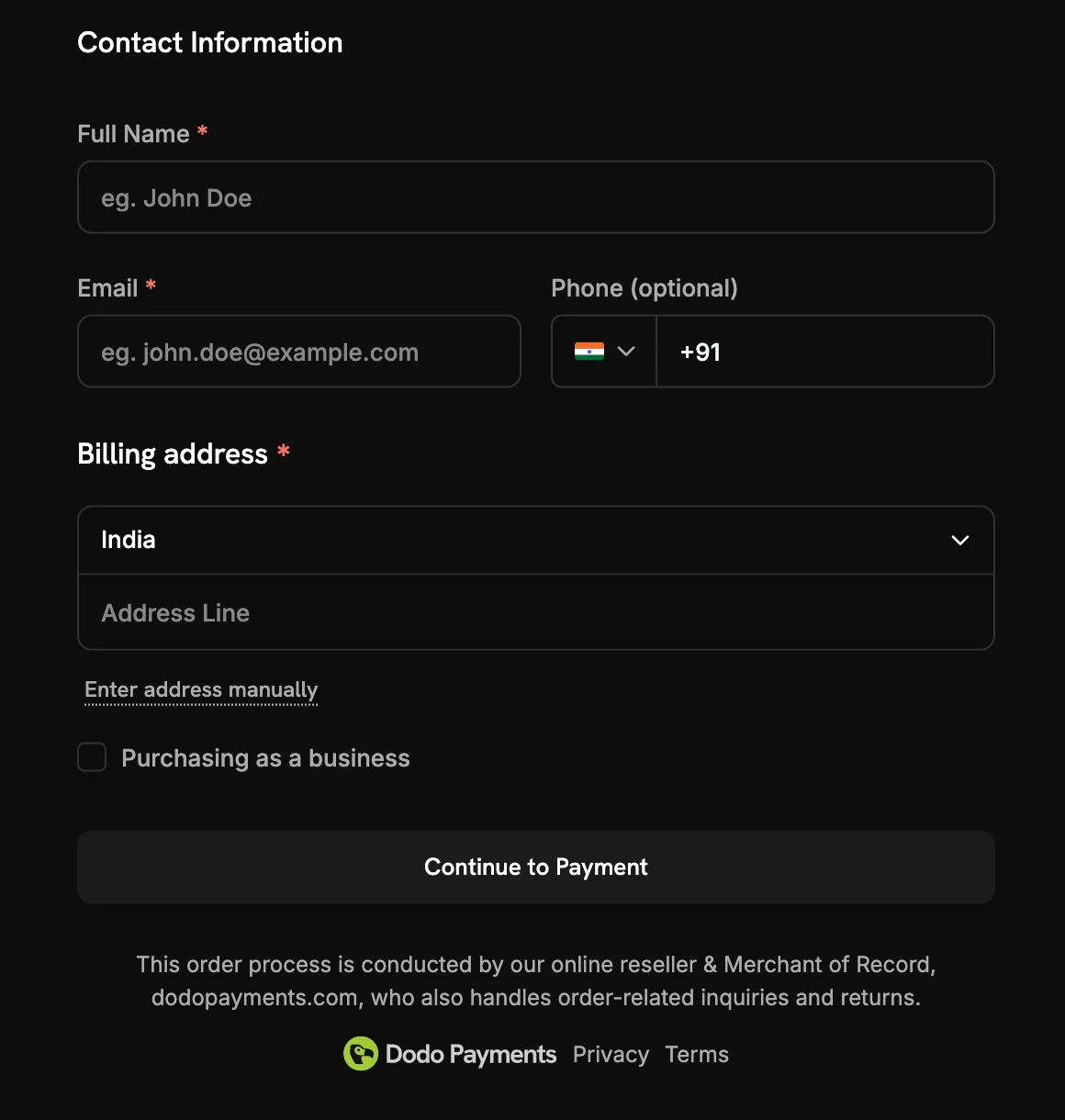Dodo Payments checkout: full name, email, phone, billing address, Continue to Payment