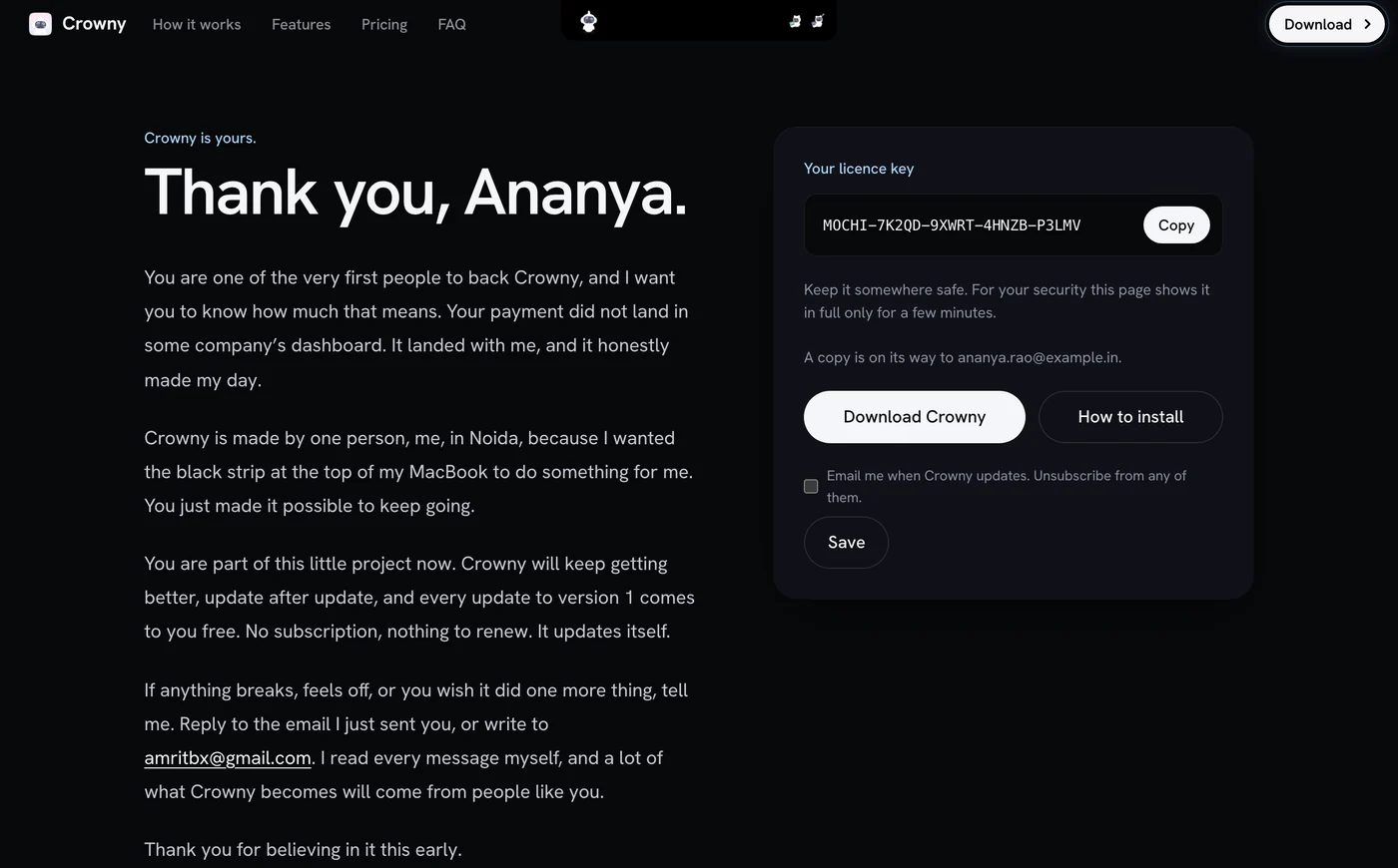 The thank-you page, with a letter from Amrit and the licence key