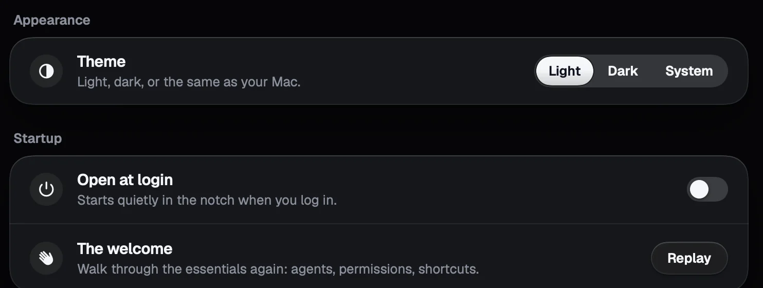 Setup, General: Theme with Light, Dark and System, Open at login, Replay the welcome
