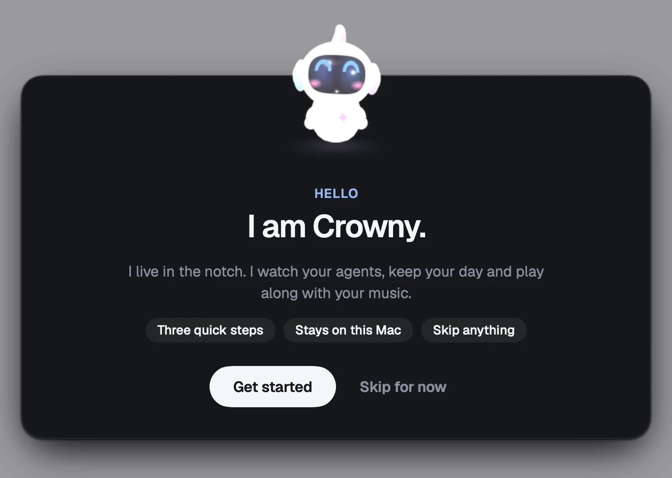 Crowny’s welcome: I am Crowny. Three quick steps, stays on this Mac, skip anything.