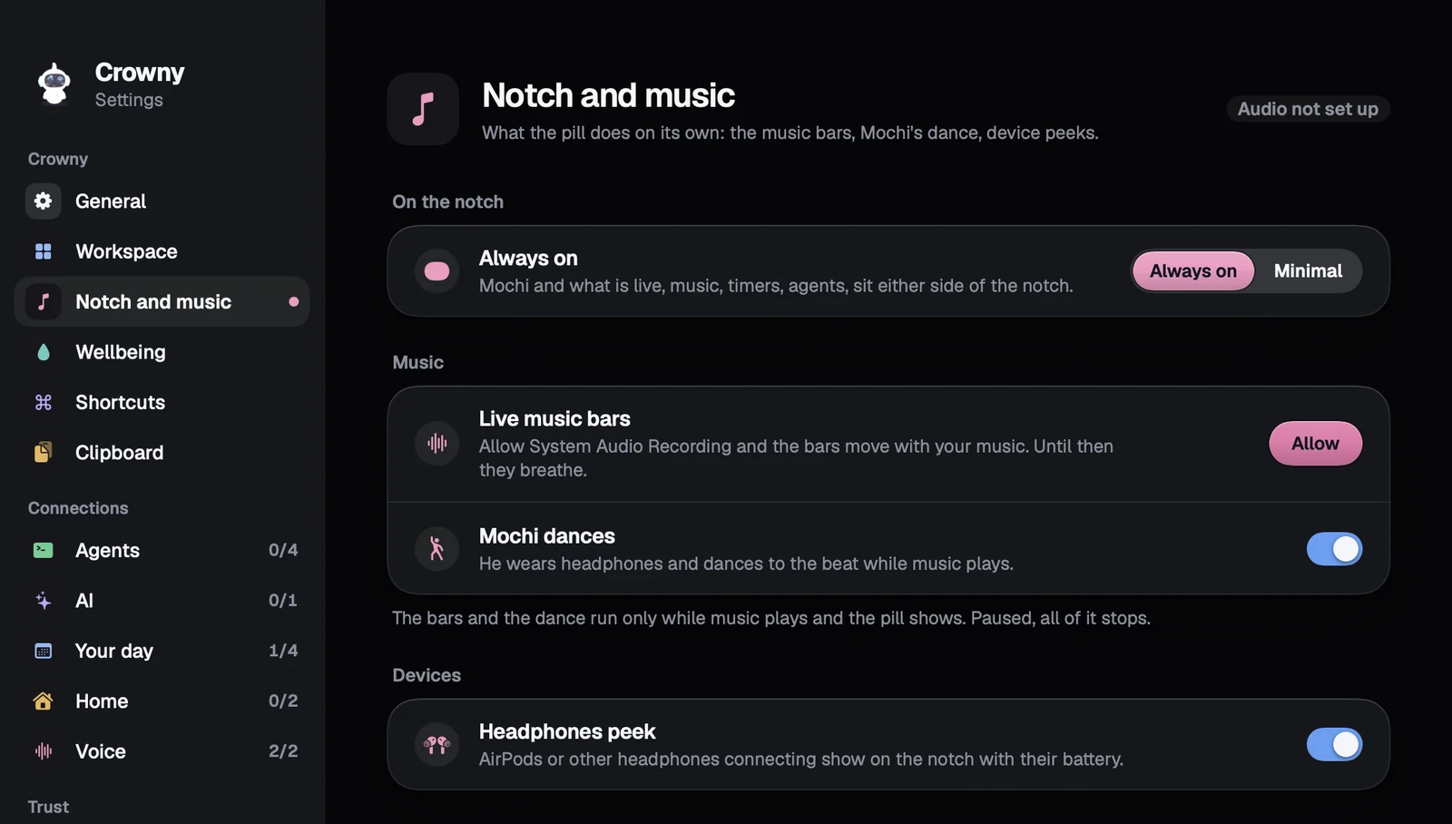 Setup, Notch and music: the Always on or Minimal choice, live music bars, Mochi dances