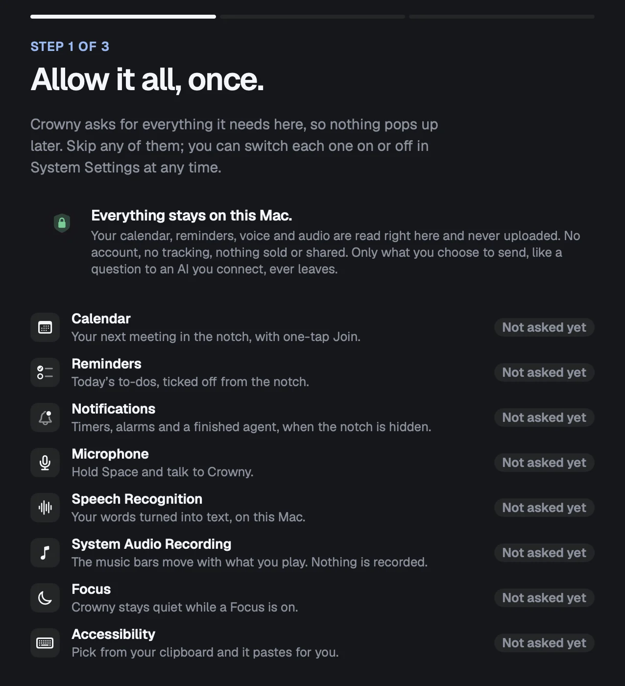Crowny’s permissions screen: Allow it all, once. Eight permissions with what each is for.