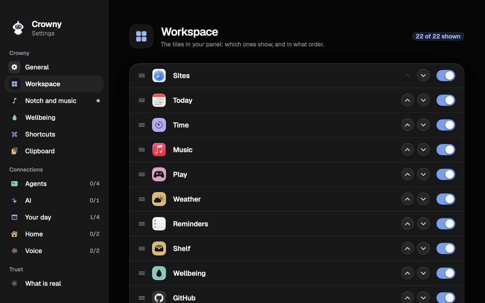 Setup, Workspace: every tile with a switch and up and down arrows